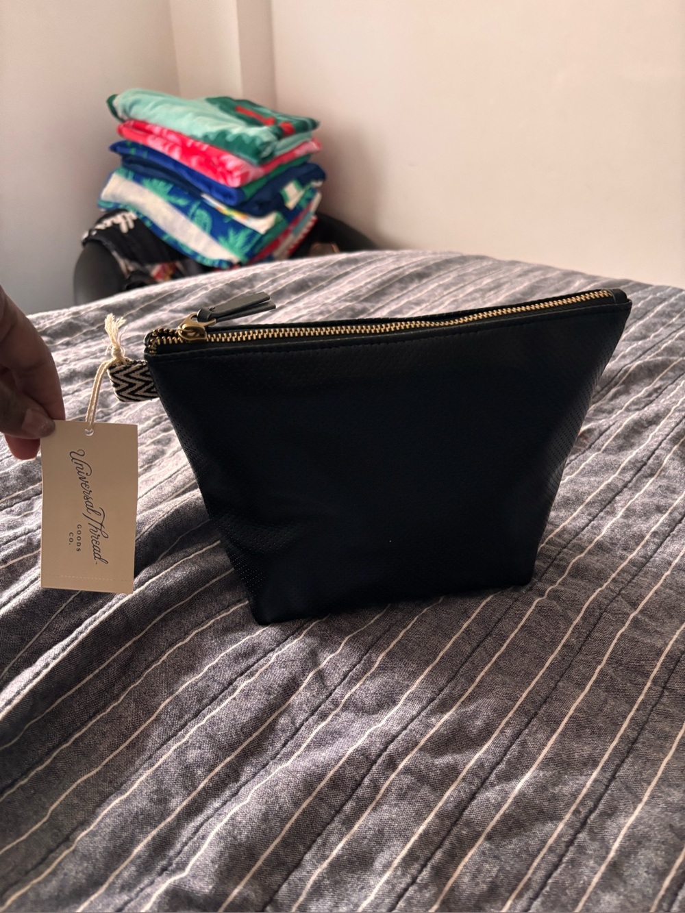 Universal Thread Black Faux Leather Toiletry Pouch with Gold Accent